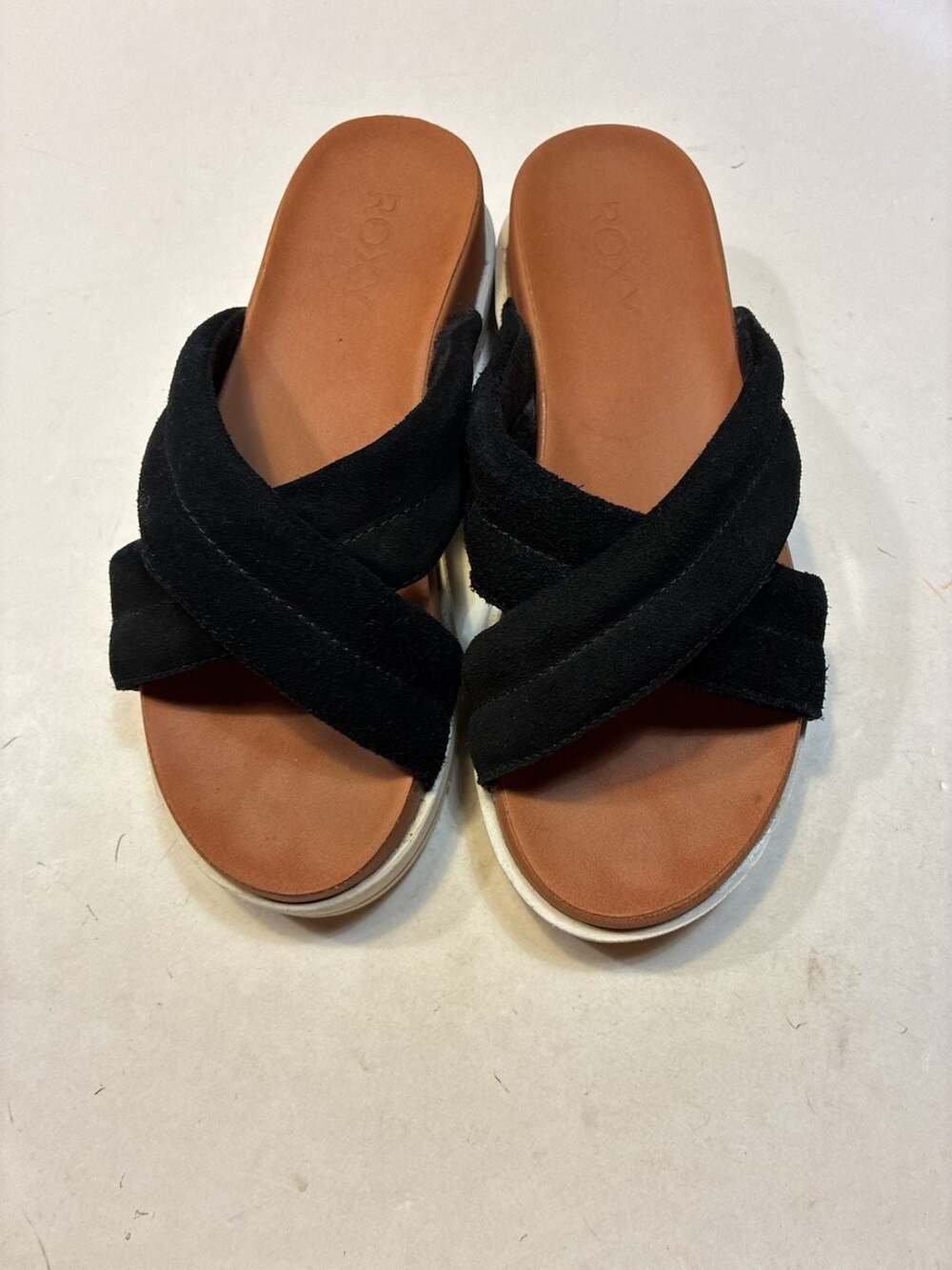 Roxy Veria Slide Sandals Black Brown Platform Soft Suede Leather